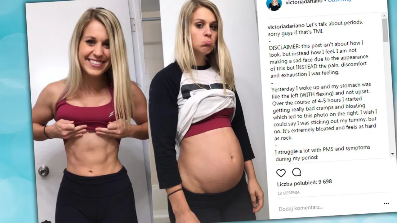 Kobieta z wzdętym brzuchem po treningu, frustracja, przed i po treningu