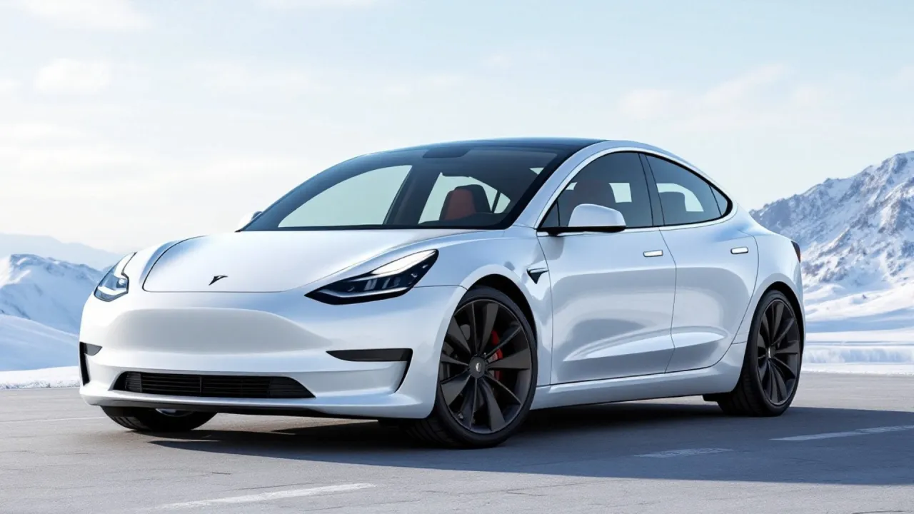 Biała Tesla Model 3 na tle ośnieżonych gór. Czy Tesla jest tylko elektryczna? Ten model udowadnia, że tak.