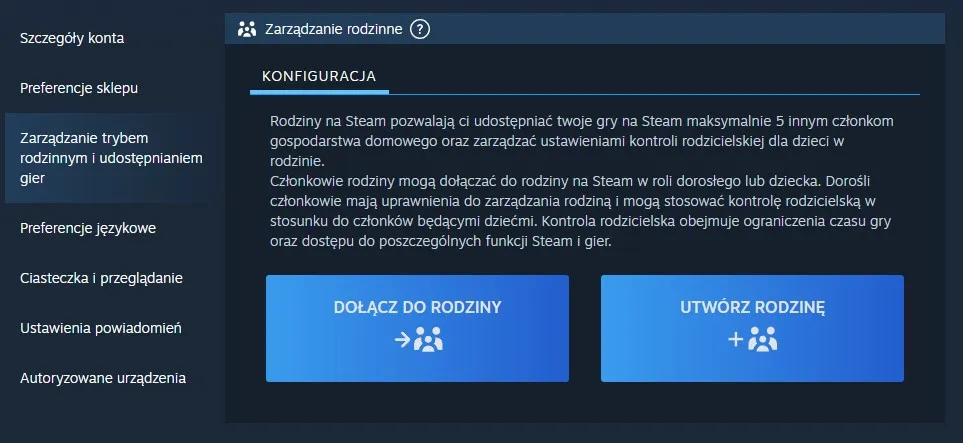 Steam Rodziny kontrola rodzicielska interfejs