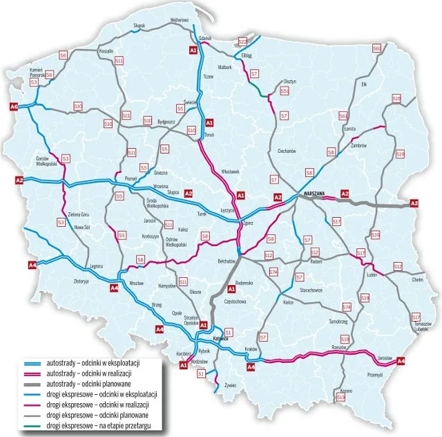 Mapa trasy Warszawa Kołobrzeg z zaznaczonymi autostradami A2 A1