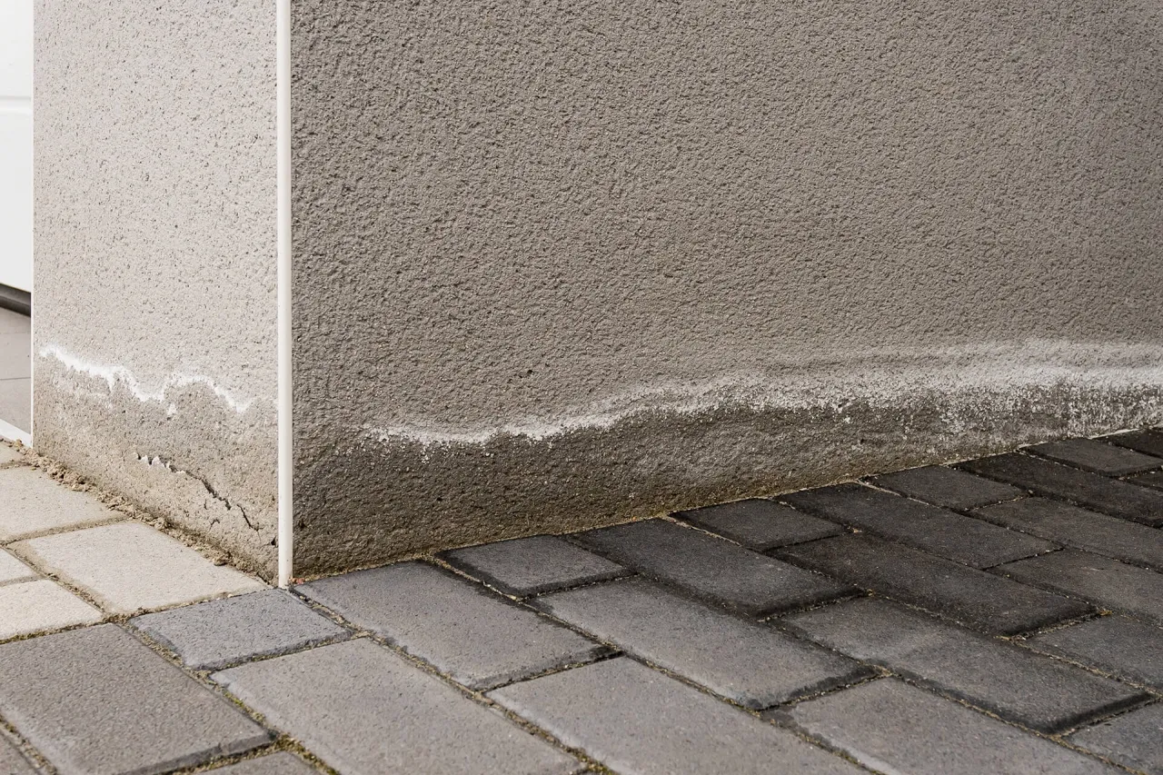 Uszkodzenia elewacji od wilgoci, podciąganie kapilarne ściany, zacieki na tynku