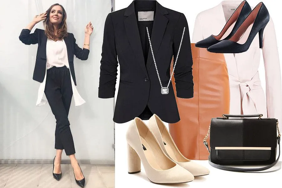 kolaż stylizacji do pracy i na weekend dla kobiety po 30