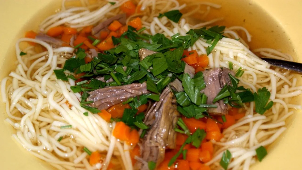 rosół z makaronem i mięsem