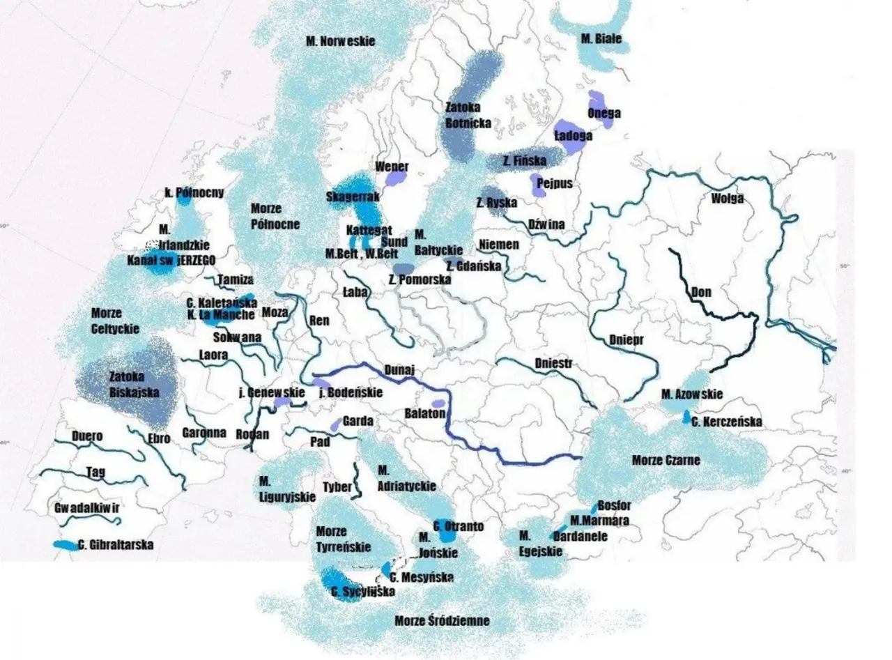 Mapa Europy z zaznaczonymi największymi jeziorami