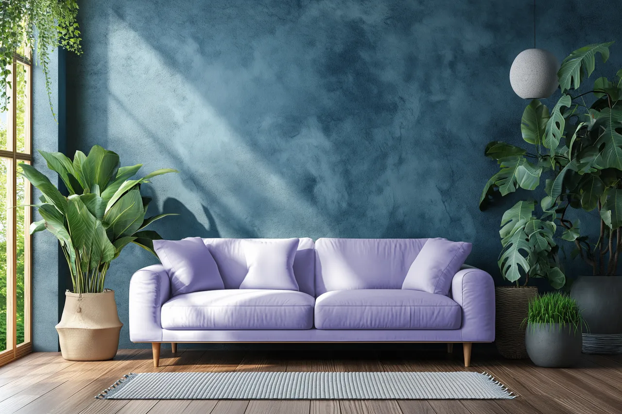 inspiracje salon niebieska kanapa dywan skandynawski industrialny glamour