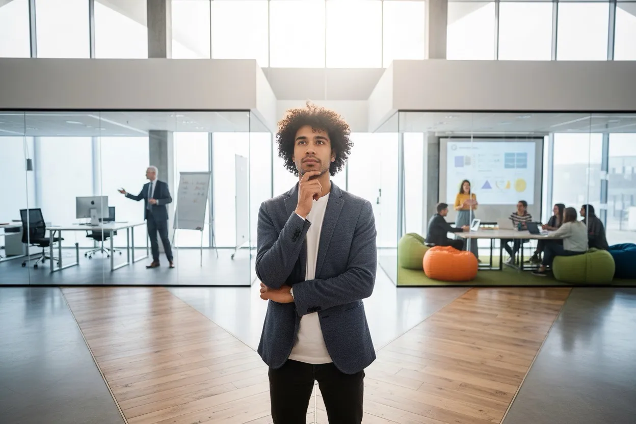 Młody mężczyzna zastanawia się, czy praktyki zawodowe są płatne, podczas gdy w tle odbywa się spotkanie.