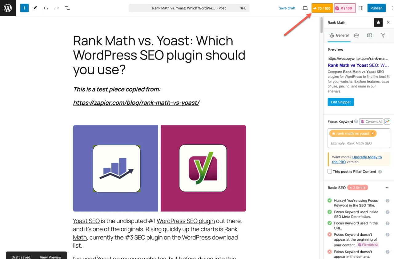 Edytor WordPress z wtyczką Rank Math. Widoczny podgląd meta opisu i tytułu SEO dla artykułu 
