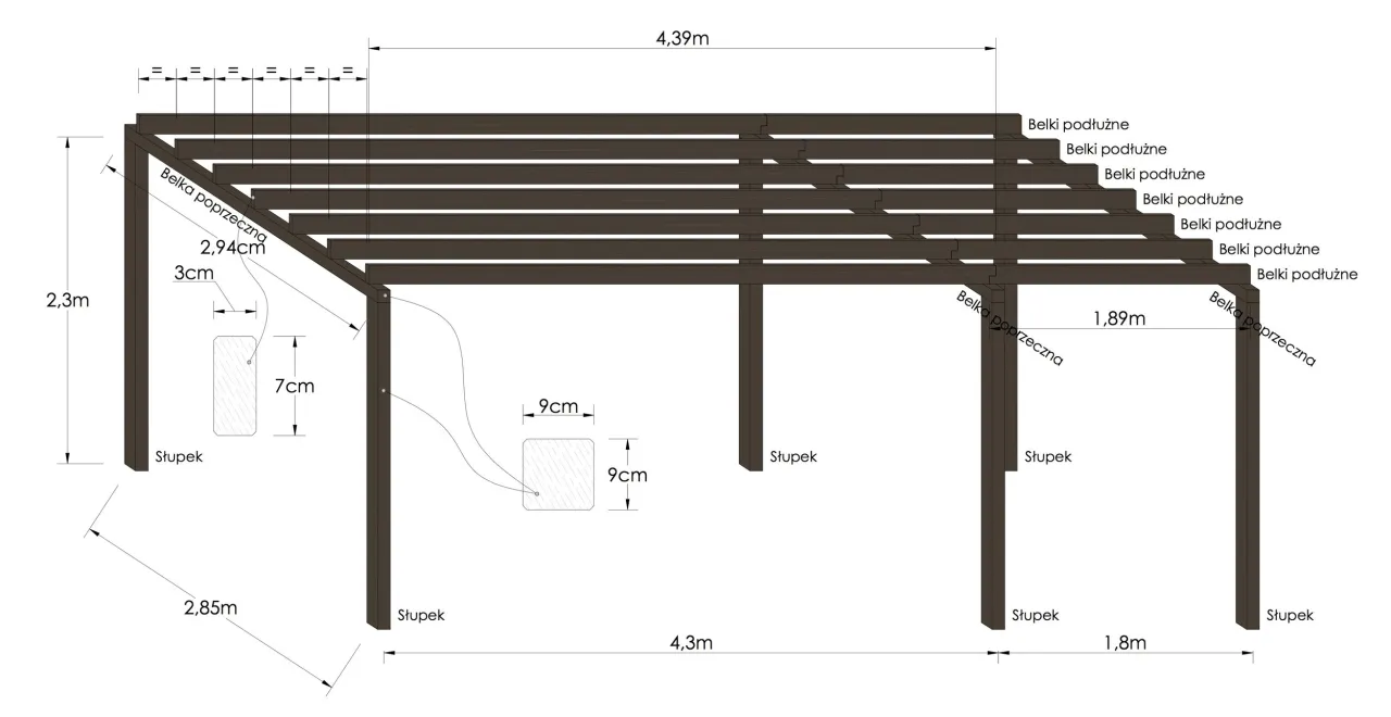Schemat konstrukcji pergoli: słupki, belki podłużne i poprzeczne. Wymiary: 4,39m, 2,3m, 2,85m, 1,89m, 1,8m. Pokazuje jak zrobić pergolę.