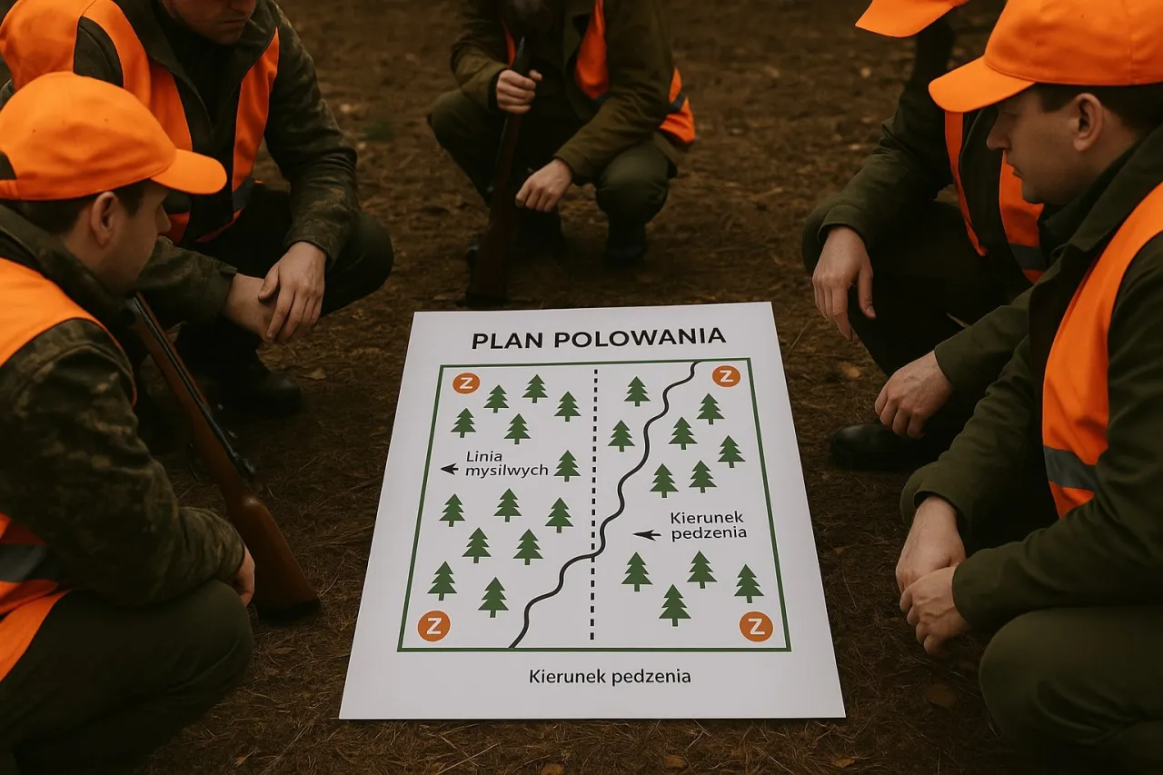 Myśliwi w kamizelkach omawiają plan polowania na prywatnym terenie. Mapa pokazuje teren z drzewami i kierunek pędzenia.