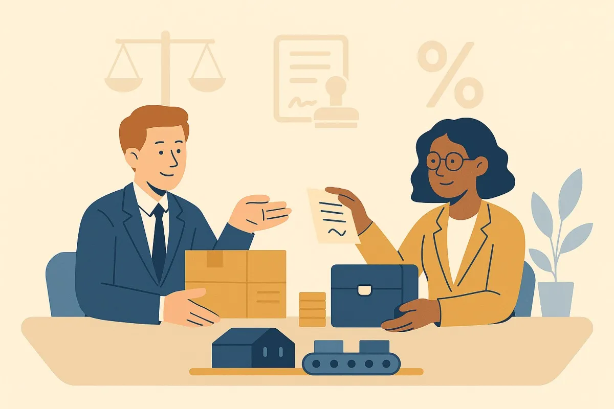 Biznesmeni omawiają umowę. Na stole pudełka, walizka i symboliczny dom. To przykład udanej wsp&oacute;łpracy barterowej.