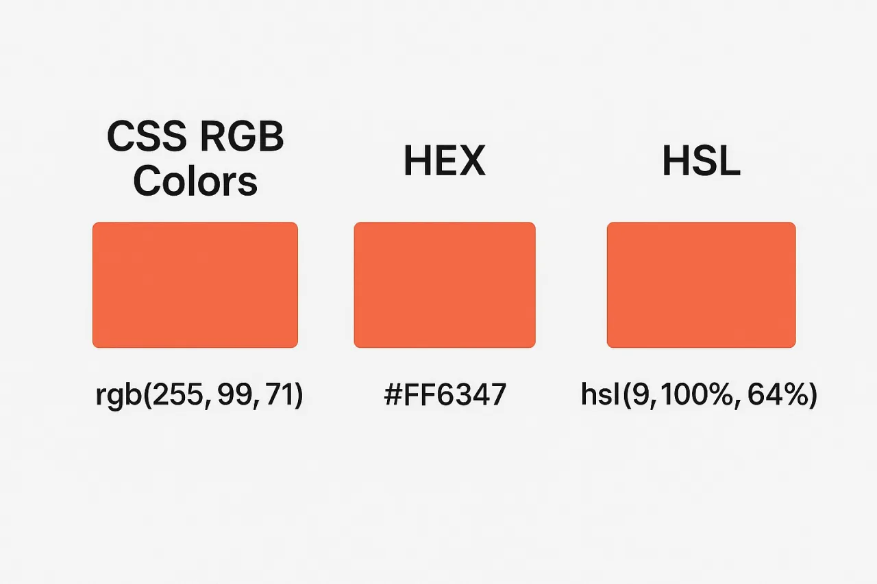 CSS color formats examples hex rgb hsl