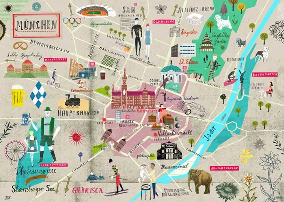 Karte der Münchner Stadtteile mit Sehenswürdigkeiten