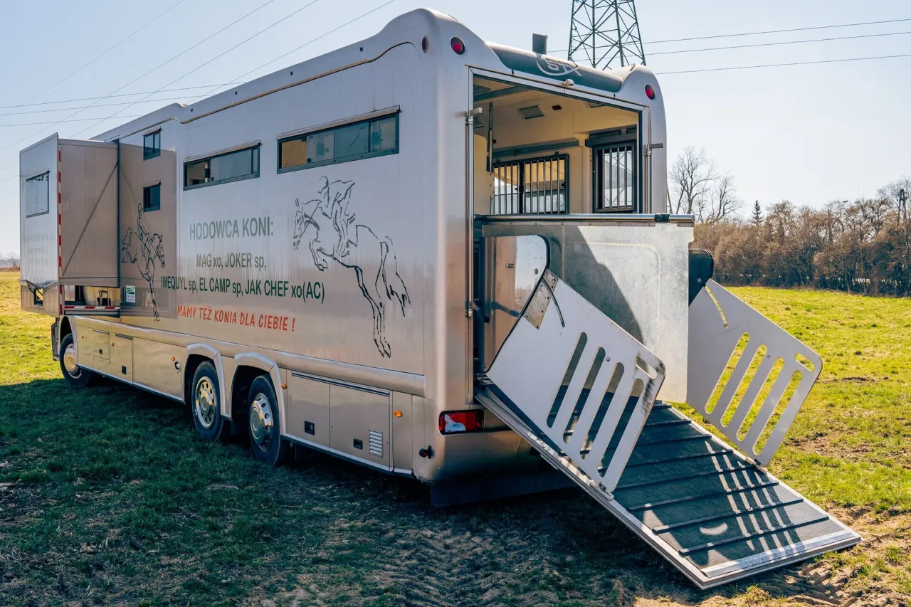 Duża przyczepa na konie z otwartą rampą, gotowa do załadunku. Na boku widnieje napis