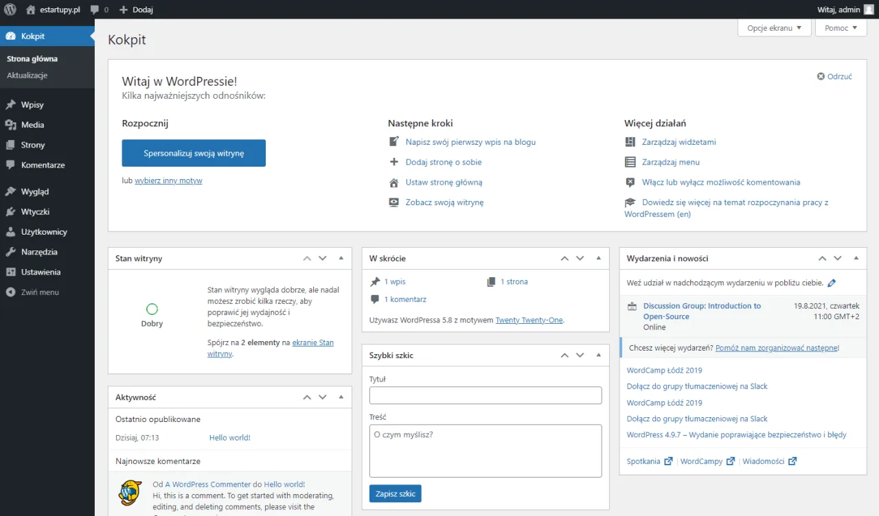 Panel administratora WordPress, sekcja Strony