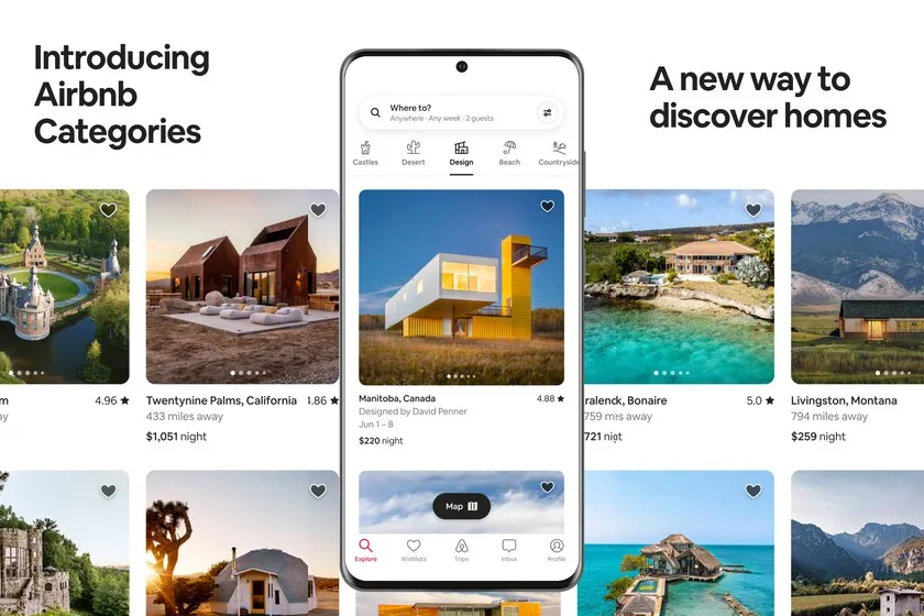 ikony popularnych platform rezerwacyjnych noclegów, laptop i telefon z aplikacjami