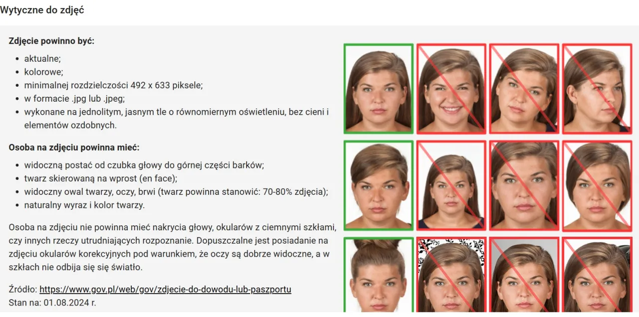 Infografika: Wymagania zdjęcia do legitymacji szkolnej (poprawne vs. błędne przykłady)