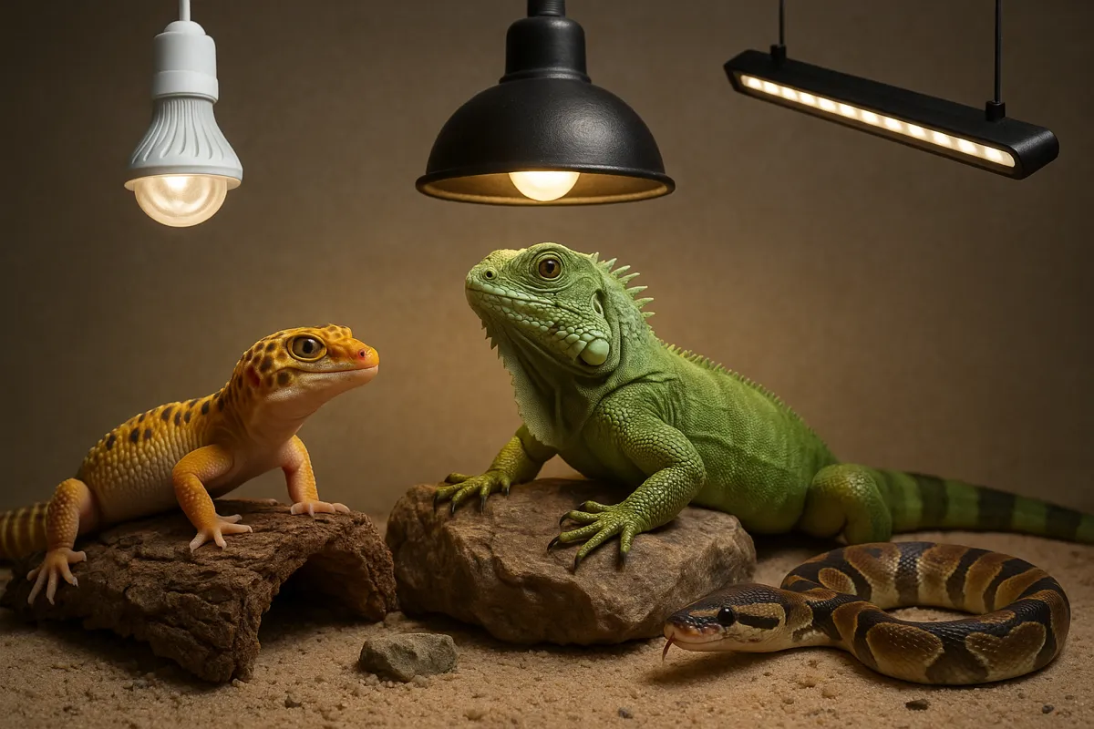 Gekon lamparci w terrarium z oświetleniem