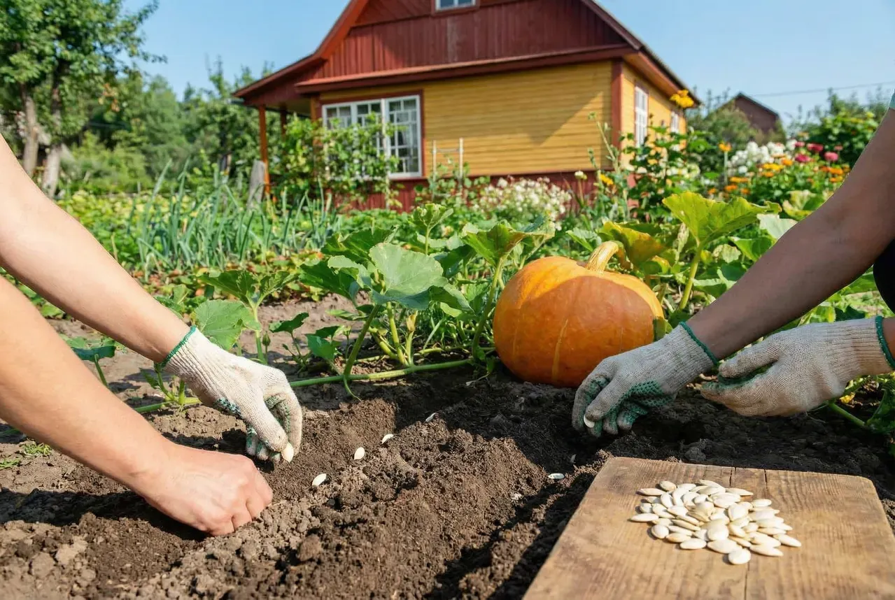 Ręce w rękawiczkach sadzą nasiona dyni do gruntu. Obok leży duża, pomarańczowa dynia. W tle widać dom i ogr&oacute;d.