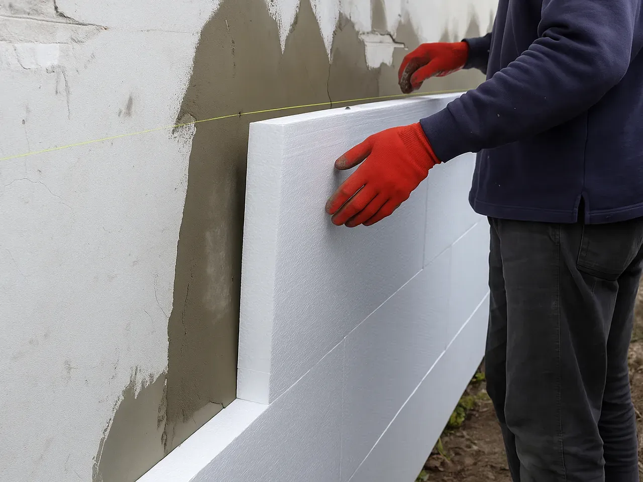 Ręce w czerwonych rękawiczkach przykładają płyty styropianu do ściany, pokazując, jak ocieplić dom styropianem.