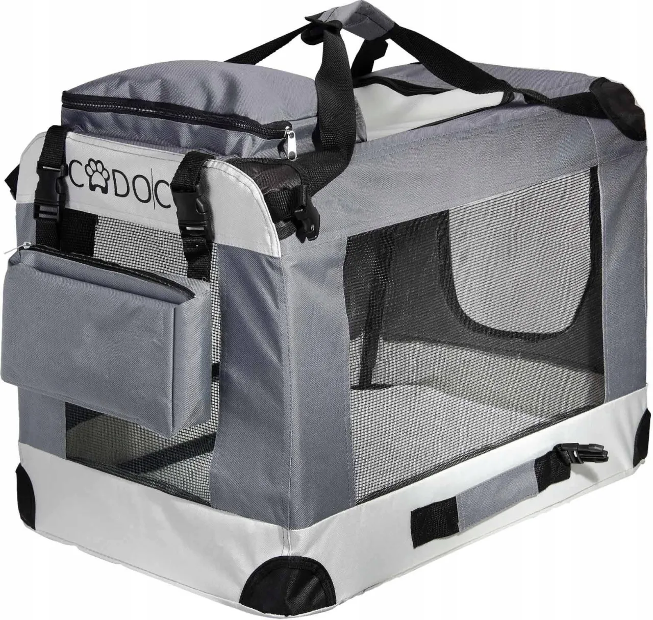 Różne typy transporterów dla psów (plastikowy, torba, klatka)