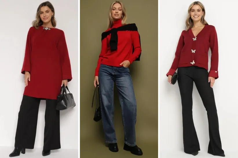 czerwony sweter stylizacje damskie