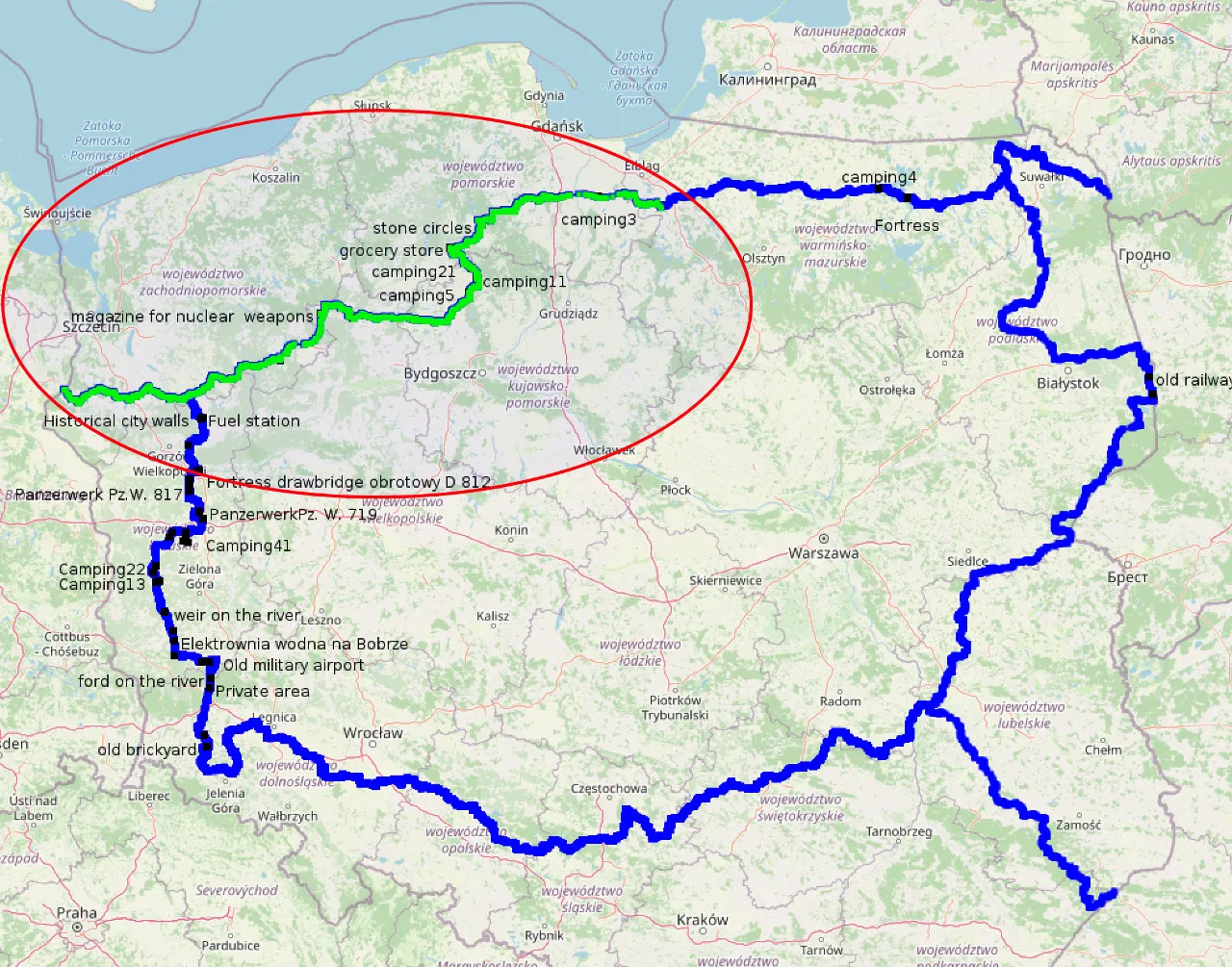 Mapa Polski z zaznaczoną trasą TET