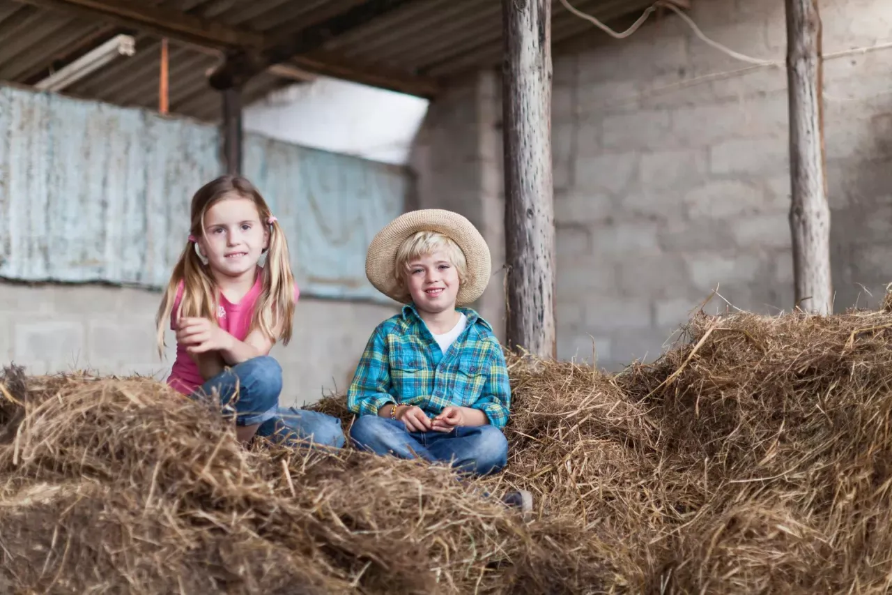 Dzieci na sianie w stodole, jakby czekały na świadczenia na dziecko. Chłopiec w kapeluszu, dziewczynka z kitkami.