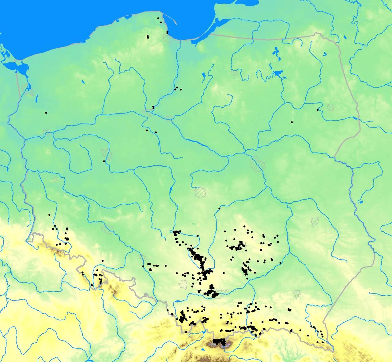 Mapa Polski z obszarami krasowymi, jaskinie w Polsce