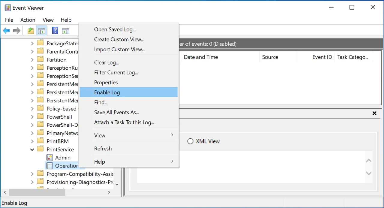 Podgląd zdarzeń Windows PrintService