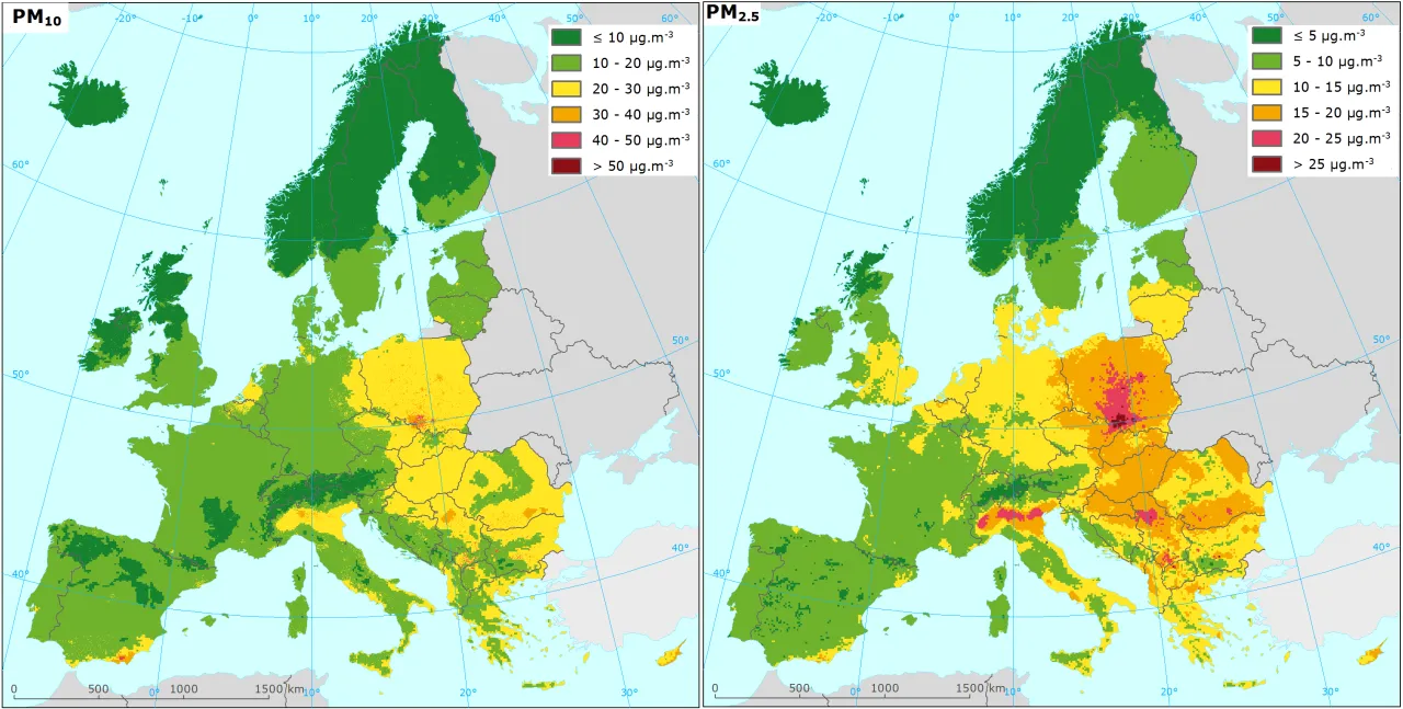 Mapy Europy pokazujące stężenie pył&oacute;w PM10 i PM2.5. Czerwone obszary wskazują, co powoduje smog: wysokie stężenie pył&oacute;w.