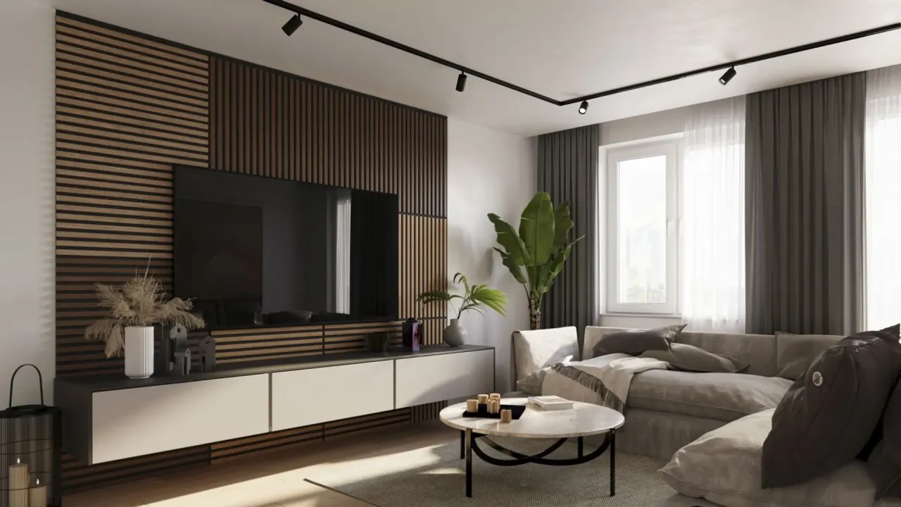 Nowoczesna ściana z kominkiem i telewizorem, z drewnianymi lamelami i minimalistyczną szafką RTV.