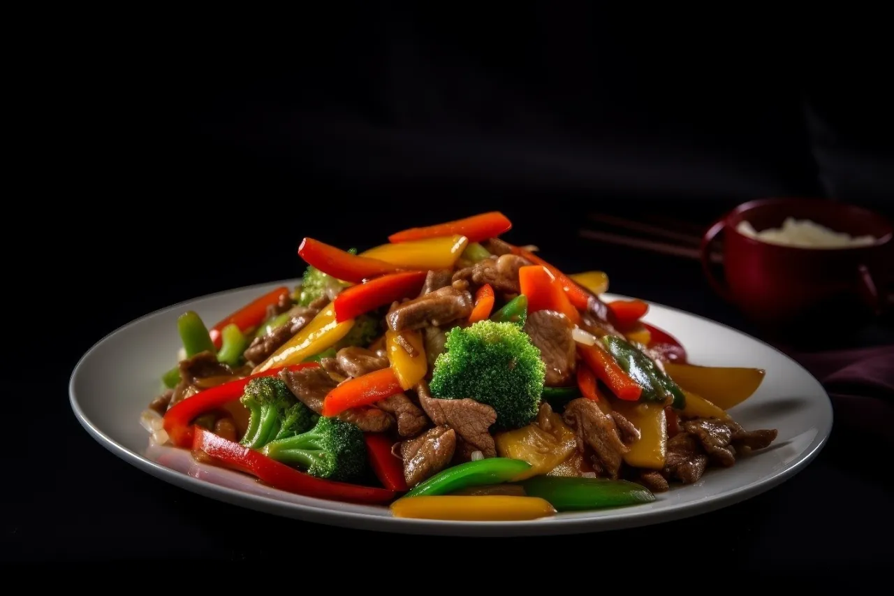 Pyszne danie z wołowiny, brokuł&oacute;w i kolorowej papryki, polane sosem sojowym do sałatki.