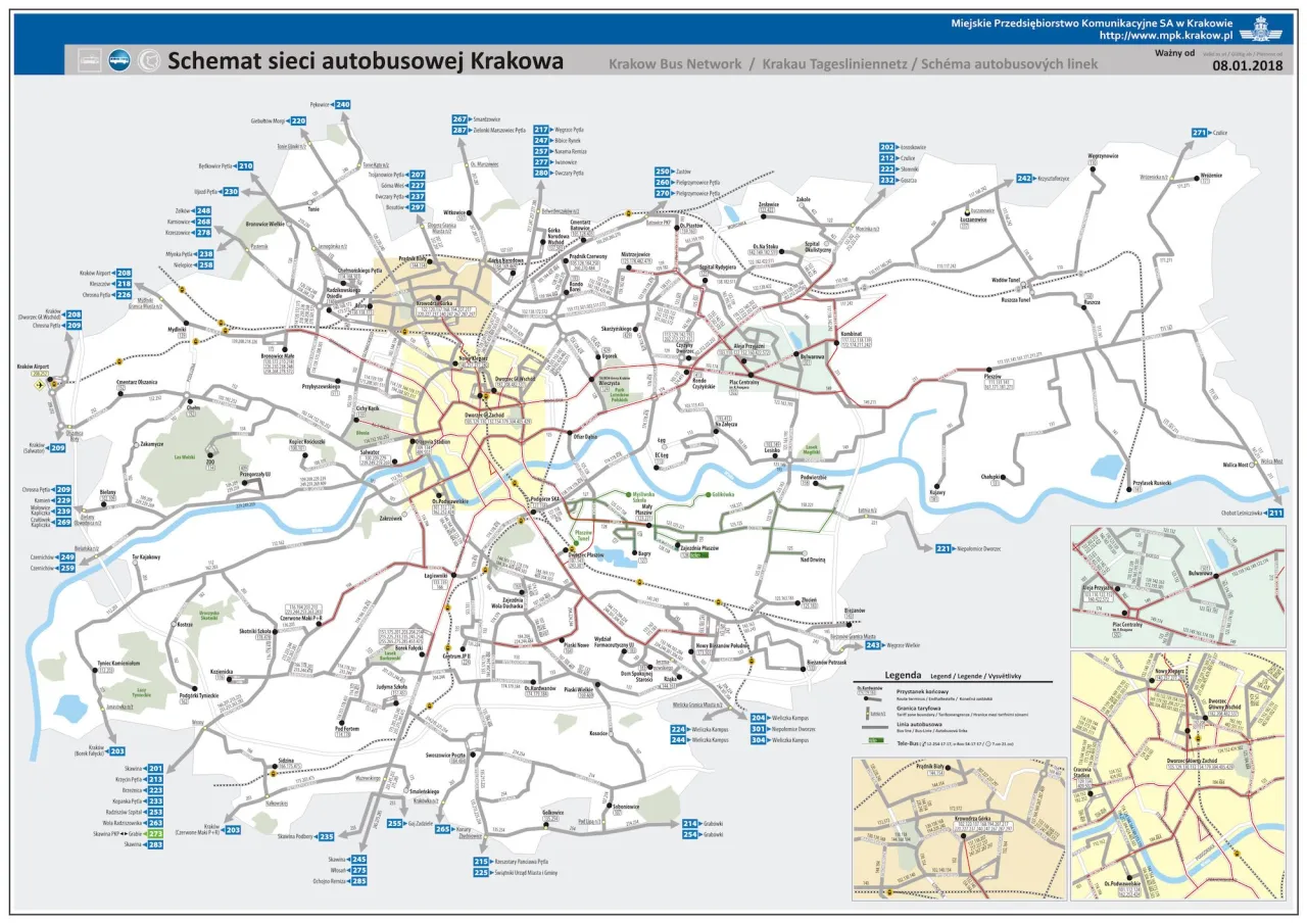 Mapa sieci autobusowej Krakowa z 08.01.2018. Busy krk pl.