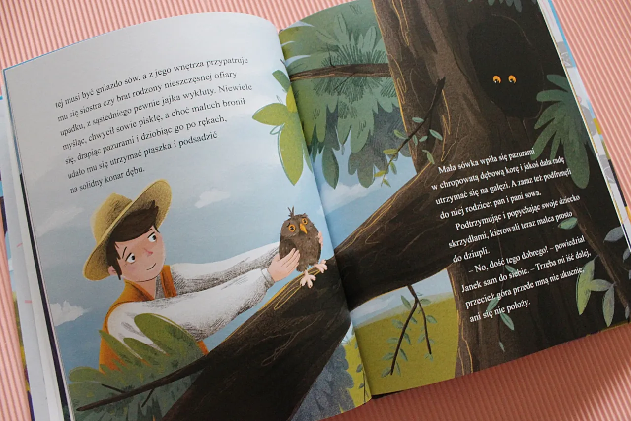 Chłopiec w kapeluszu ratuje pisklę sowy, kt&oacute;re wypadło z gniazda. To scena z baśni o sobotniej g&oacute;rze.