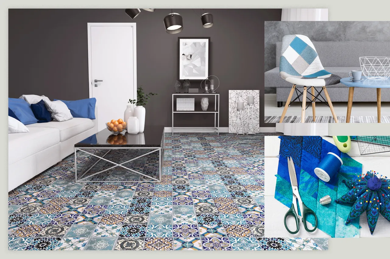 Wzory patchwork na podłodze i krześle. Zobacz, jak patchwork co to za technika, tworzy piękne kompozycje z tkanin i płytek.