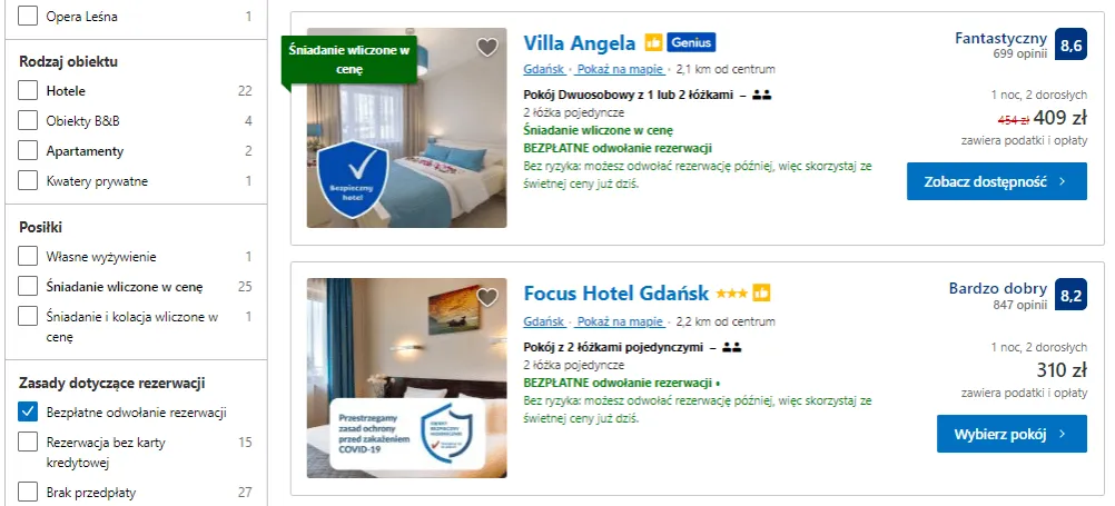 strona portalu rezerwacyjnego noclegi, wyszukiwanie hotelu w trasie