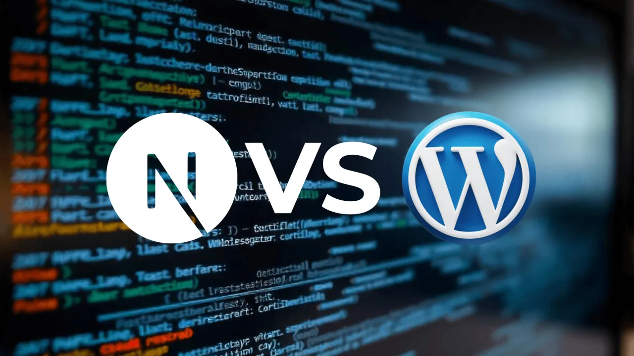 Por&oacute;wnanie: logo Next.js vs WordPress na tle kodu. Kt&oacute;ry CMS czy HTML wybrać?