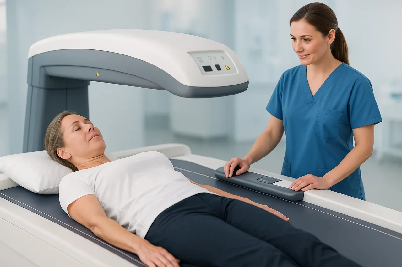 Densytometr DXA w akcji, pacjentka leżąca na stole, obraz skanowanych kości