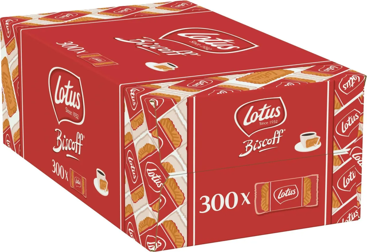 Duże czerwone pudełko z ciasteczkami Lotus Biscoff, 300 sztuk. Idealne, gdy zastanawiasz się, gdzie kupić ciastka Biscoff.