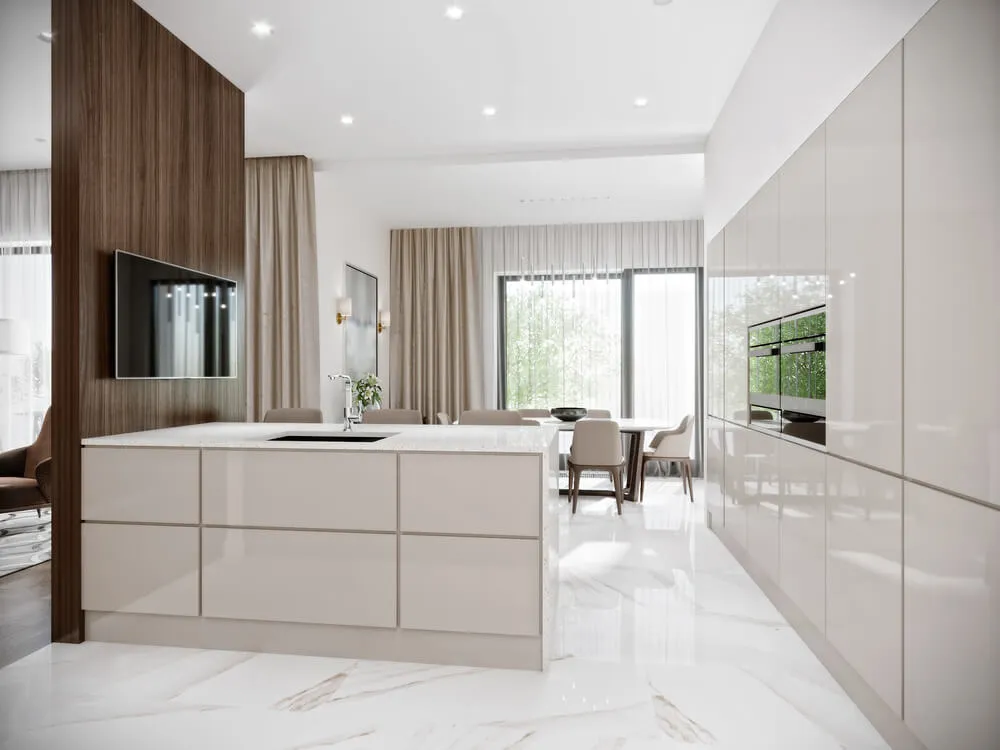 Nowoczesna kuchnia w połysku, biała kuchnia na wysoki połysk