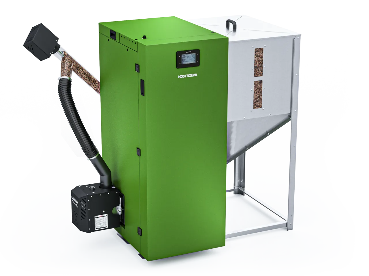 Nowoczesny kocioł na pellet Kostrzewa Platinum 50 kW z zasobnikiem i automatycznym podajnikiem.