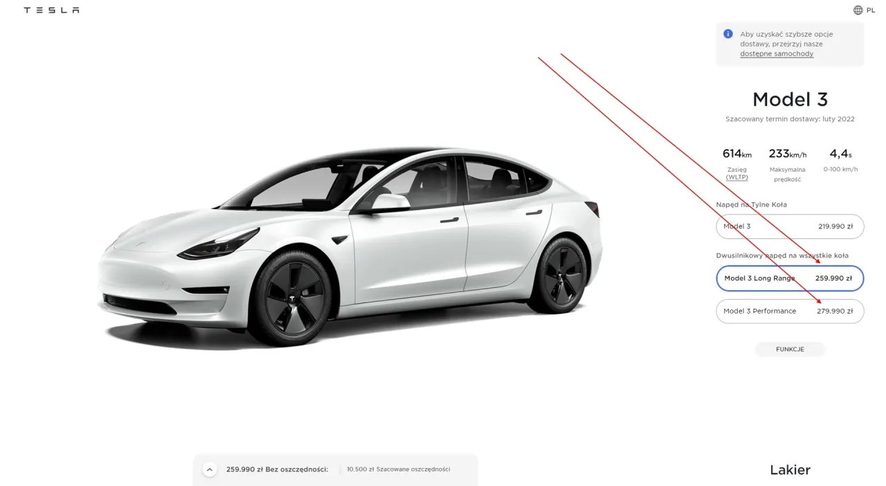 Biała Tesla Model 3 Long Range kosztuje 259.990 zł. Sprawdź, ile kosztuje Tesla 3 w r&oacute;żnych wersjach.