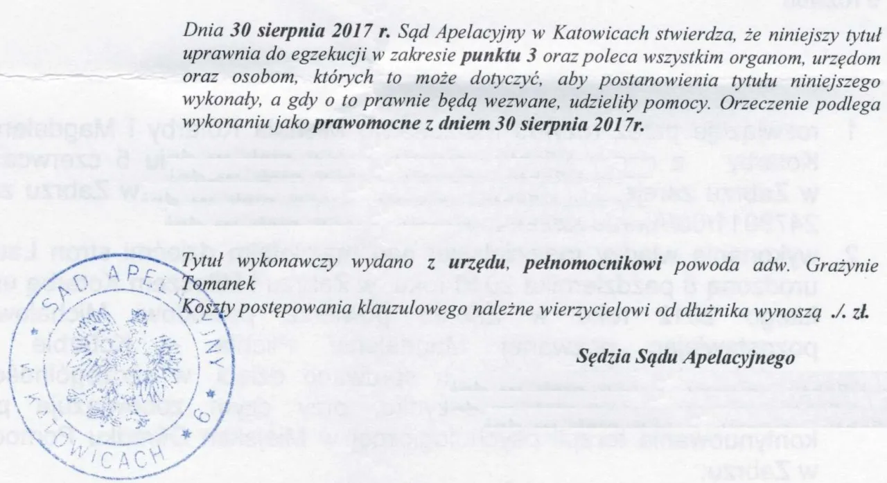Pieczęć sądowa, klauzula wykonalności, dokumenty prawne