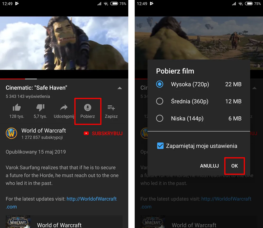 Interfejs YouTube Premium pobieranie