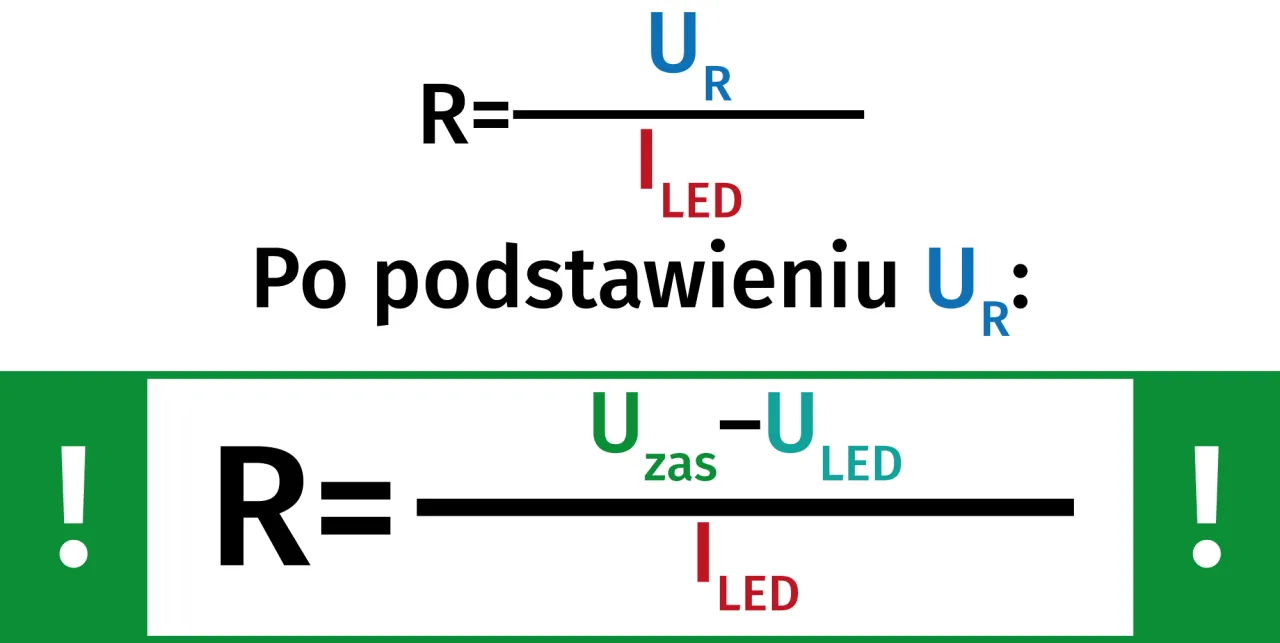Wz&oacute;r na obliczenie, jaki rezystor do LED w samochodzie: R = (Uzas - ULED) / ILED.