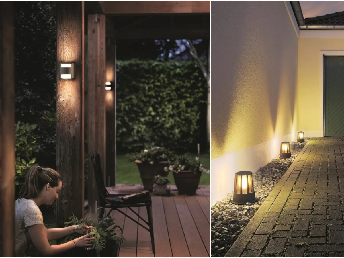 Eleganckie lampy zewnętrzne na dom oświetlają ścieżkę i taras, tworząc przytulną atmosferę.
