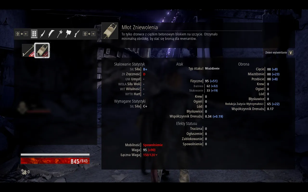 Młot Zniewolenia w Code Vein. Statystyki broni, ataku i obrony. Spolszczenie gry.