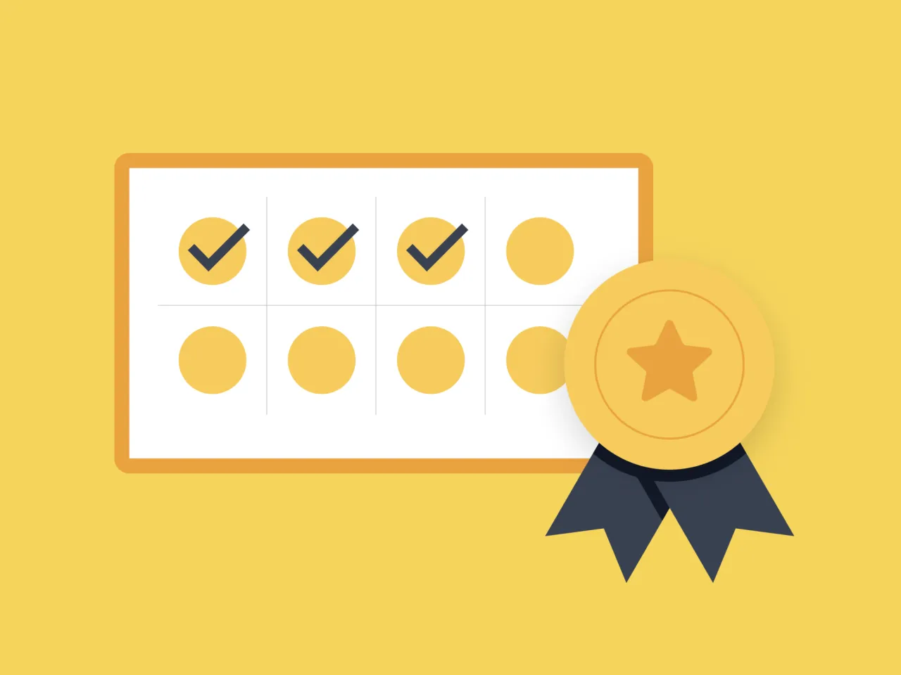 Grafika przedstawia planszę z zaznaczonymi zadaniami i medalem, symbolizującą sukces w aplikacjach lojalnościowych.