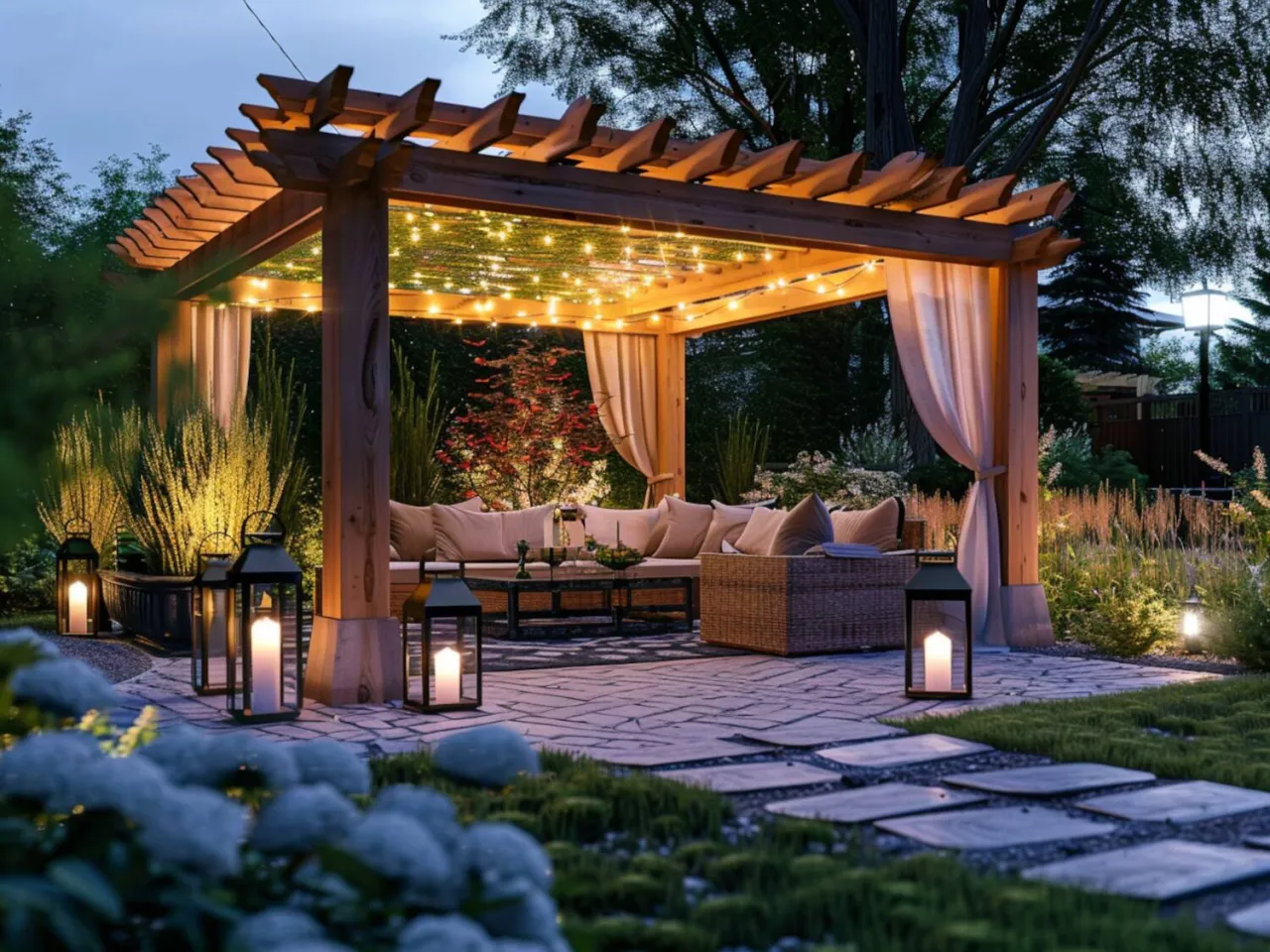 Drewniana altana z girlandą światełek i zasłonami, tworząca bajkowy zakątek z wygodnymi meblami i lampionami.