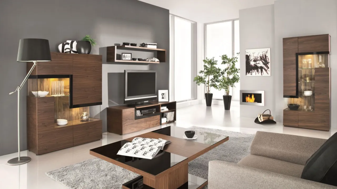 Ciemne meble na jasnej podłodze salon